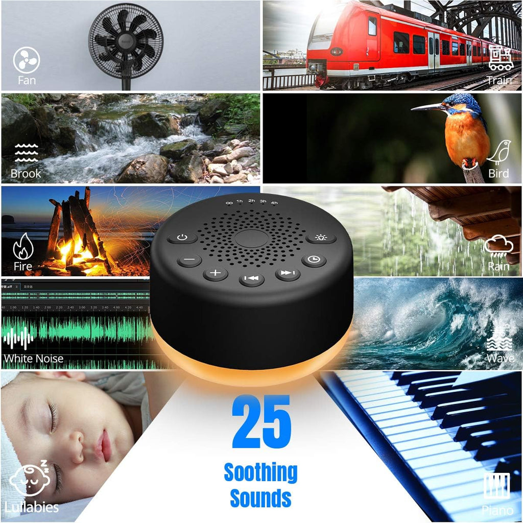 Easysleep Sound White Noise Machine with 25 Soothing Sounds and Night Lights with 32 Levels of Volume 5 Timers Memory Function for Adults Babies and Kids (Black)