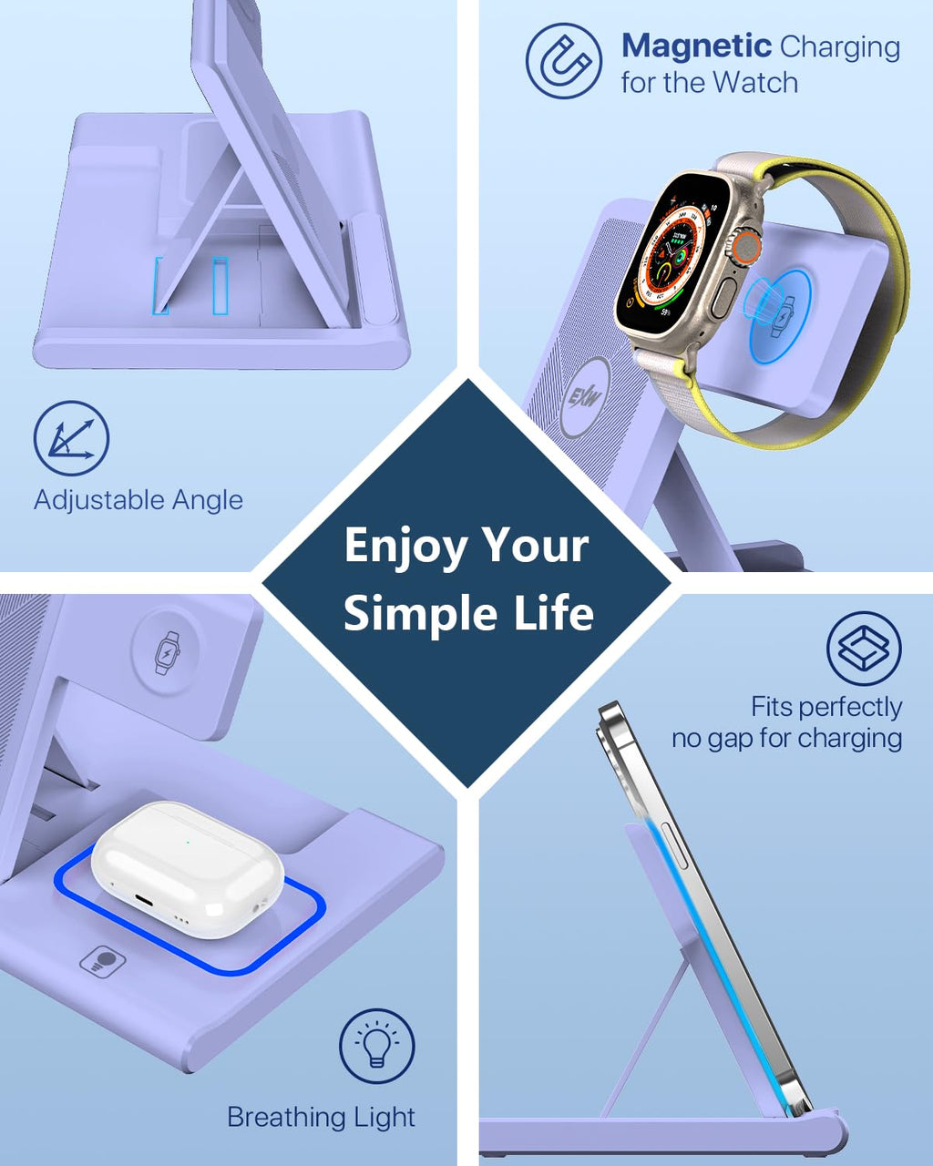 Charging Station,EXW 3 in 1 Wireless Charging Station for iPhone 17/16/15/14/13/12/11/XR/X/8,Fast Wireless Charging Stand for Airpods Pro/3/2 and Apple Watch（No Plug Included)