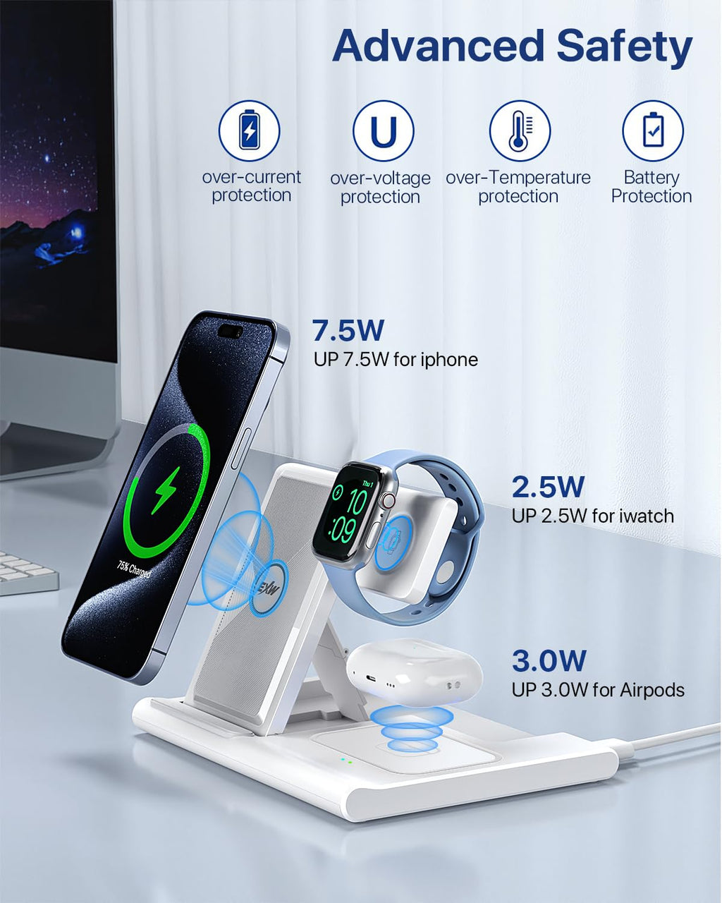Charging Station,EXW 3 in 1 Wireless Charging Station for iPhone 17/16/15/14/13/12/11/XR/X/8,Fast Wireless Charging Stand for Airpods Pro/3/2 and Apple Watch（No Plug Included)