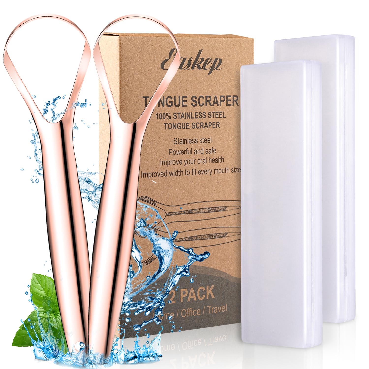 Tongue Scraper (2 Pack), Wide-head Tongue Cleaner with Nice Carrying Box, Easkep 100% Stainless Steel Tongue Scrapers Cleaners, for Men, Women, Adults, Kids, silver
