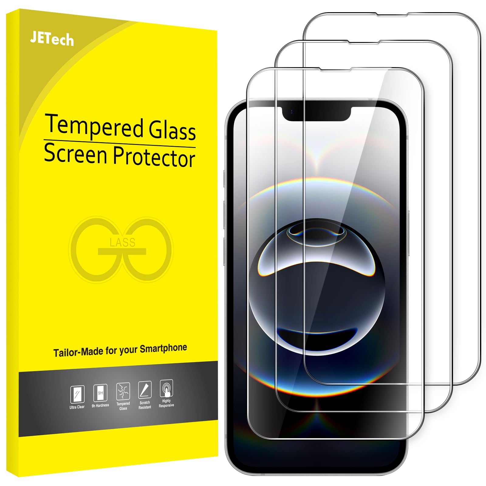 JETech Screen Protector for iPhone, Tempered Glass Film with Easy Installation Tool, Case-Friendly, HD Clear, 3-Pack