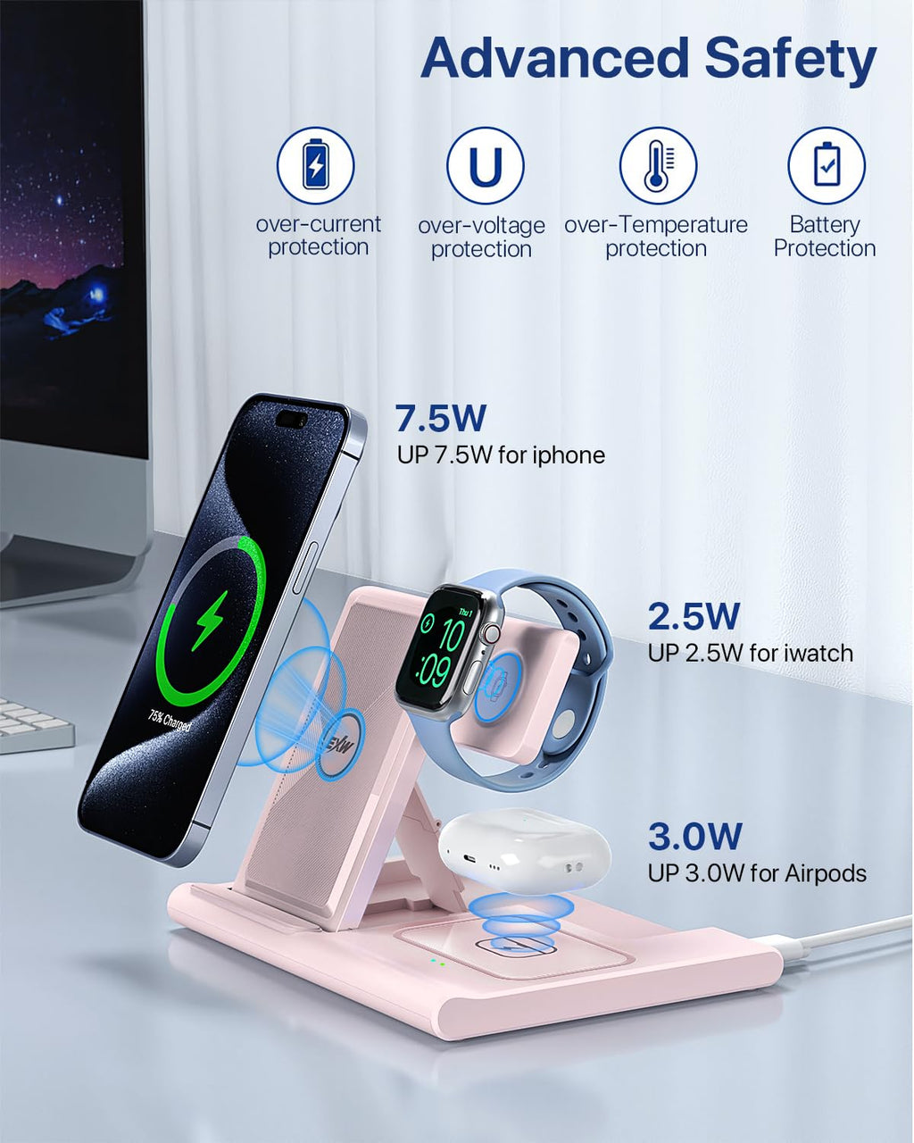 Charging Station,EXW 3 in 1 Wireless Charging Station for iPhone 17/16/15/14/13/12/11/XR/X/8,Fast Wireless Charging Stand for Airpods Pro/3/2 and Apple Watch（No Plug Included)