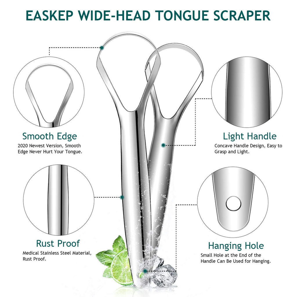 Tongue Scraper (2 Pack), Wide-head Tongue Cleaner with Nice Carrying Box, Easkep 100% Stainless Steel Tongue Scrapers Cleaners, for Men, Women, Adults, Kids, silver