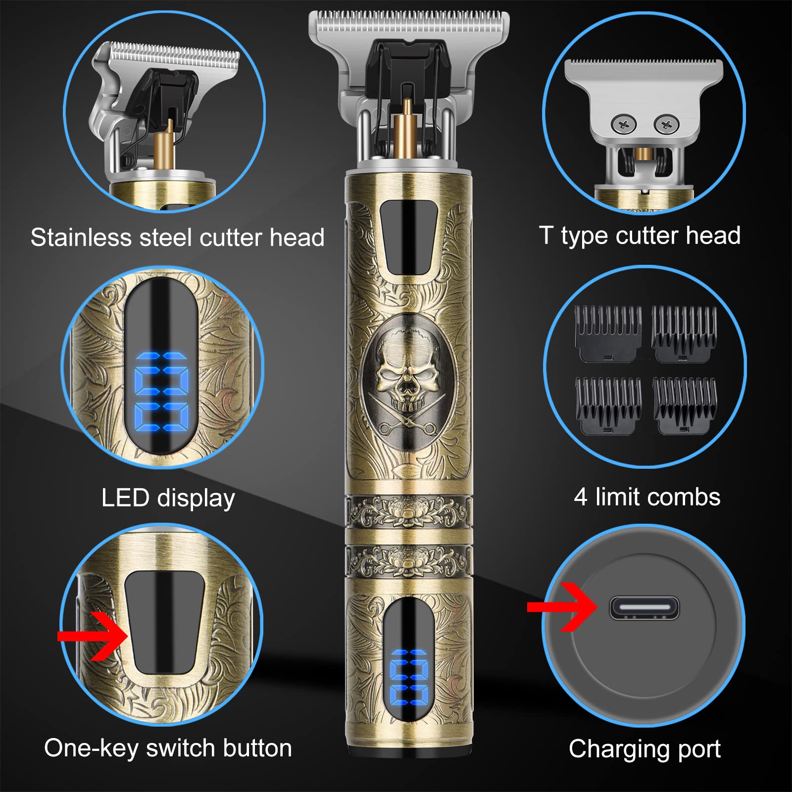 Hair Clippers for Men, Rechargeable Beard Trimmer with 4 Limit Combs, Grooming Kit for Barbers Haircut, USB Type-C Charging, Professional Shaver