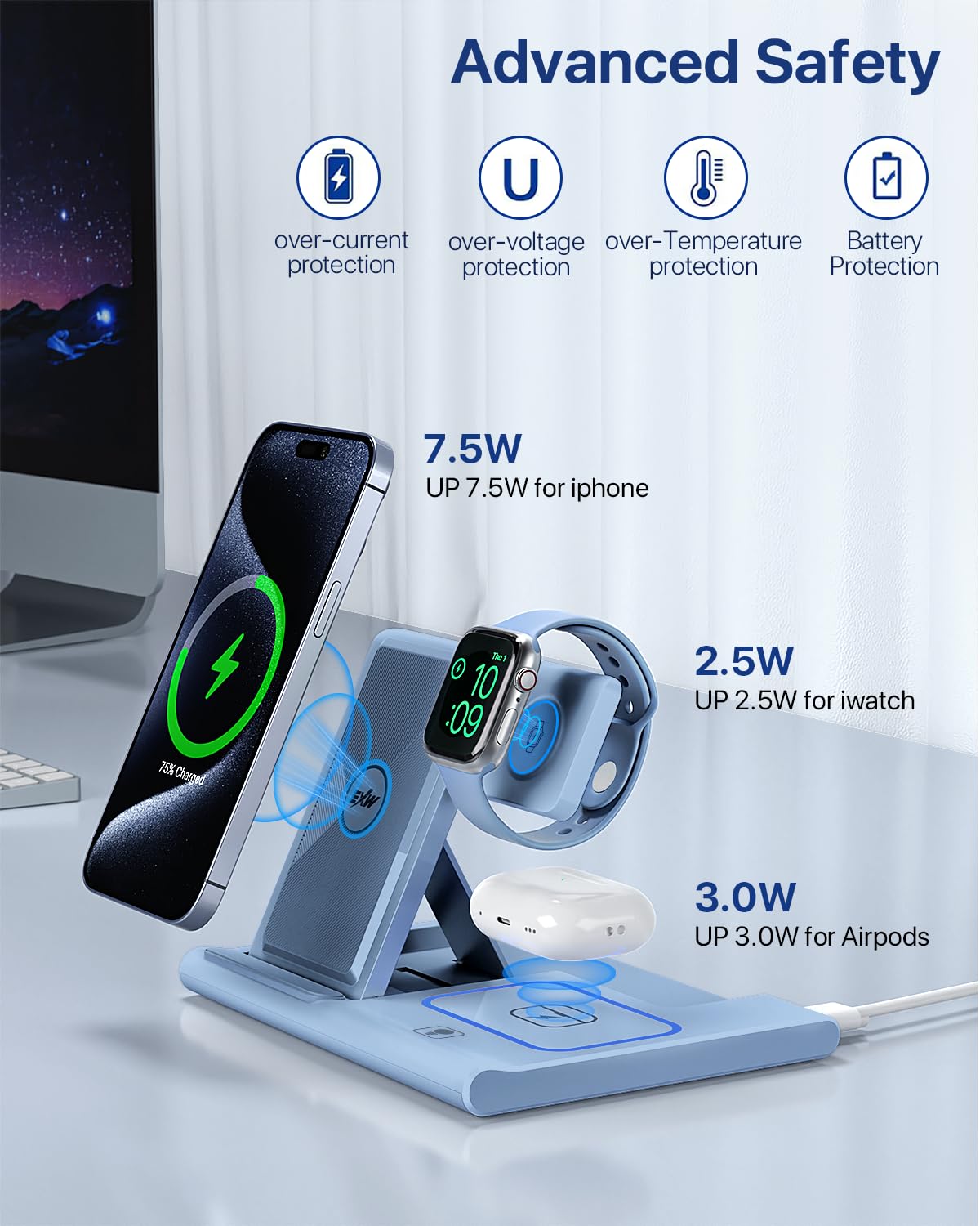 Charging Station,EXW 3 in 1 Wireless Charging Station for iPhone 17/16/15/14/13/12/11/XR/X/8,Fast Wireless Charging Stand for Airpods Pro/3/2 and Apple Watch（No Plug Included)