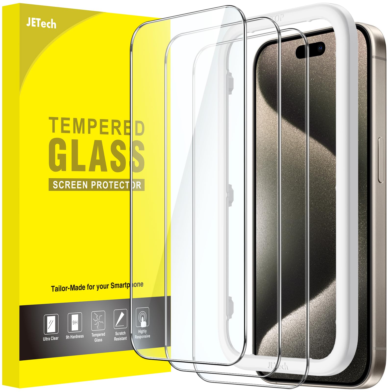 JETech Screen Protector for iPhone, Tempered Glass Film with Easy Installation Tool, Case-Friendly, HD Clear, 3-Pack