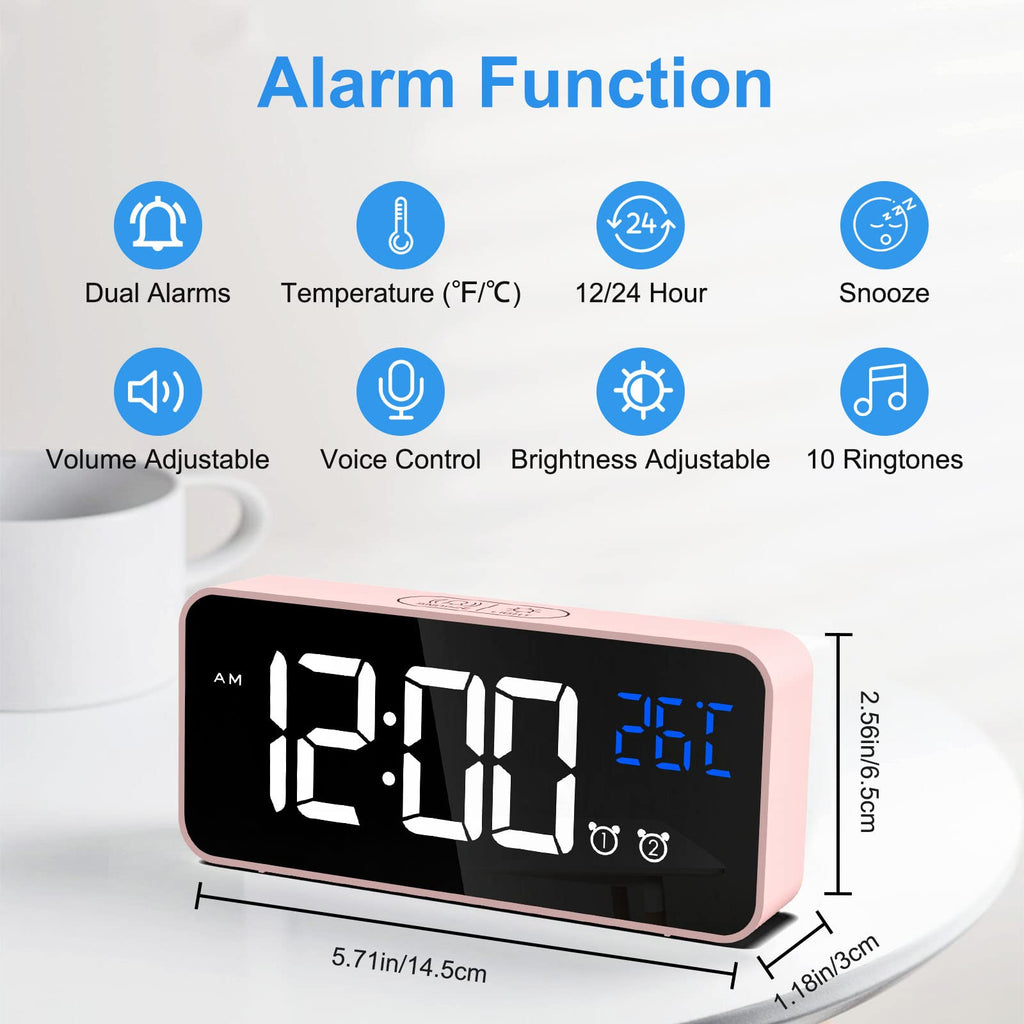 CHEREEKI Alarm Clock, Digital Clock with Temperature Display, Snooze, USB Powered Rechargeable Clock with Dual Alarms for Bedroom, Bedside, Office& Travel