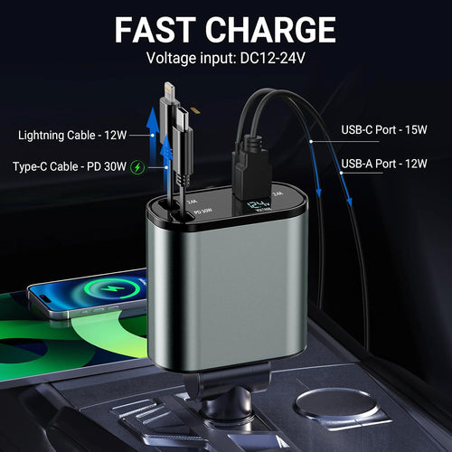 Brenth 69W Super Fast Car Phone Charger Adapter with Type-C & Lightning Retractable Cables, 4 in 1 USB C Car Charger Smart Charging Protection Voltage Display, Car Accessories for iPhone, Android