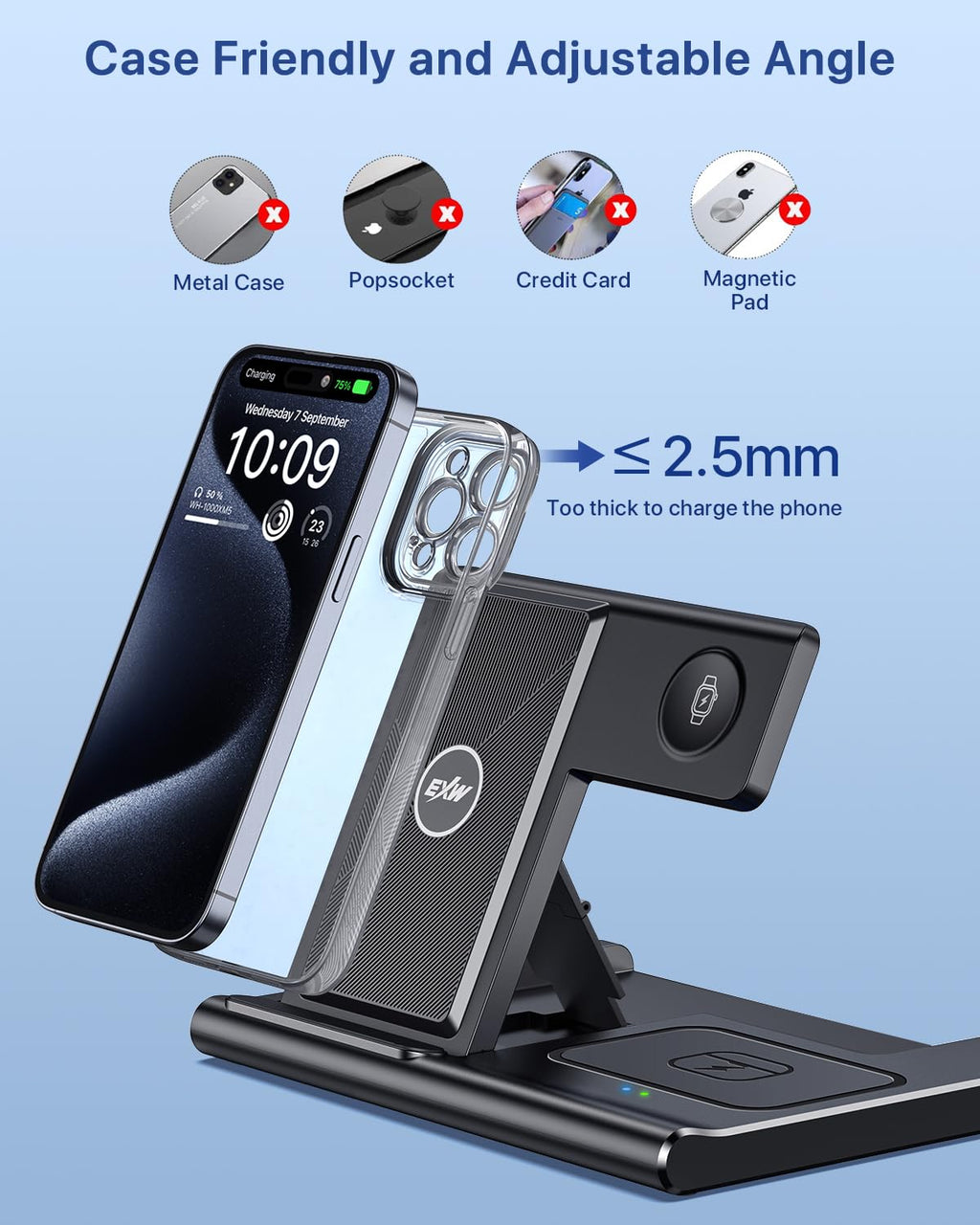 Charging Station,EXW 3 in 1 Wireless Charging Station for iPhone 17/16/15/14/13/12/11/XR/X/8,Fast Wireless Charging Stand for Airpods Pro/3/2 and Apple Watch（No Plug Included)