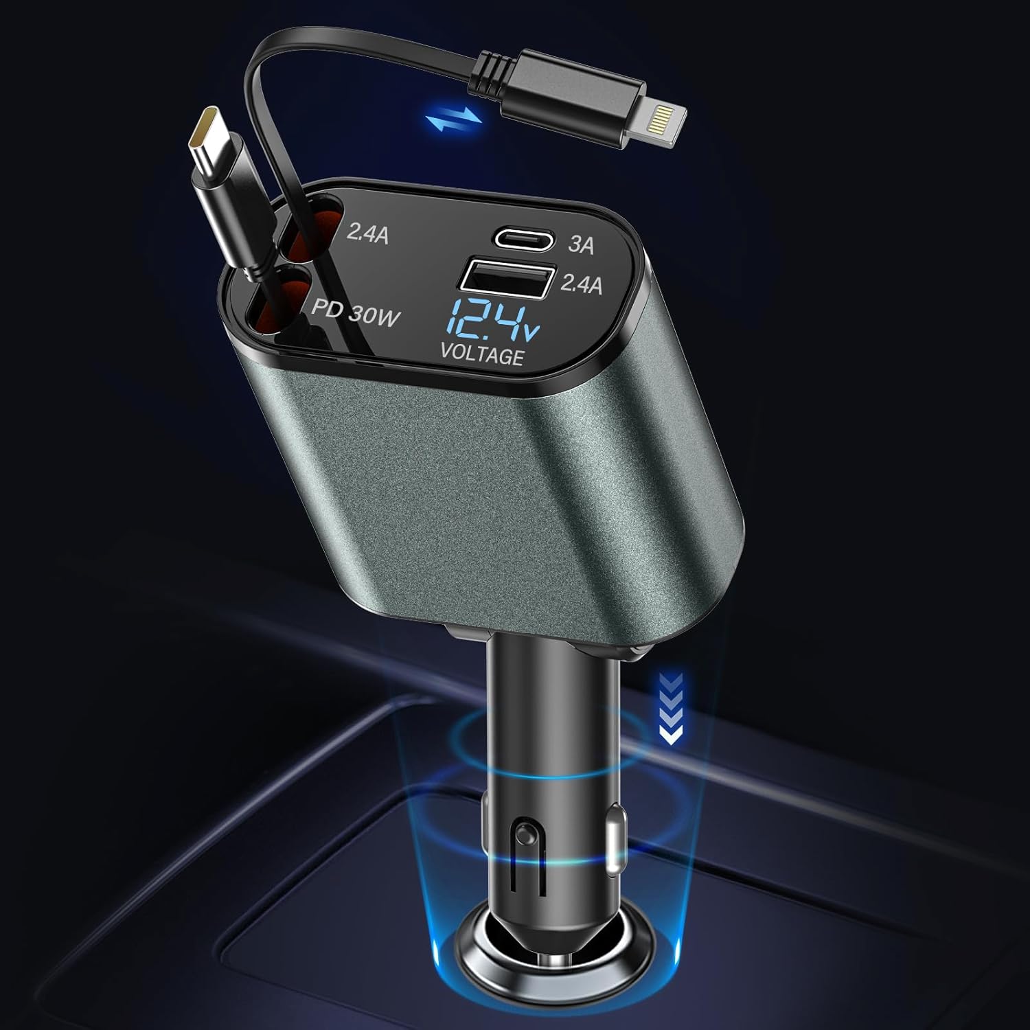 Brenth 69W Super Fast Car Phone Charger Adapter with Type-C & Lightning Retractable Cables, 4 in 1 USB C Car Charger Smart Charging Protection Voltage Display, Car Accessories for iPhone, Android