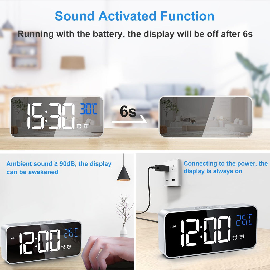 CHEREEKI Alarm Clock, Digital Clock with Temperature Display, Snooze, USB Powered Rechargeable Clock with Dual Alarms for Bedroom, Bedside, Office& Travel