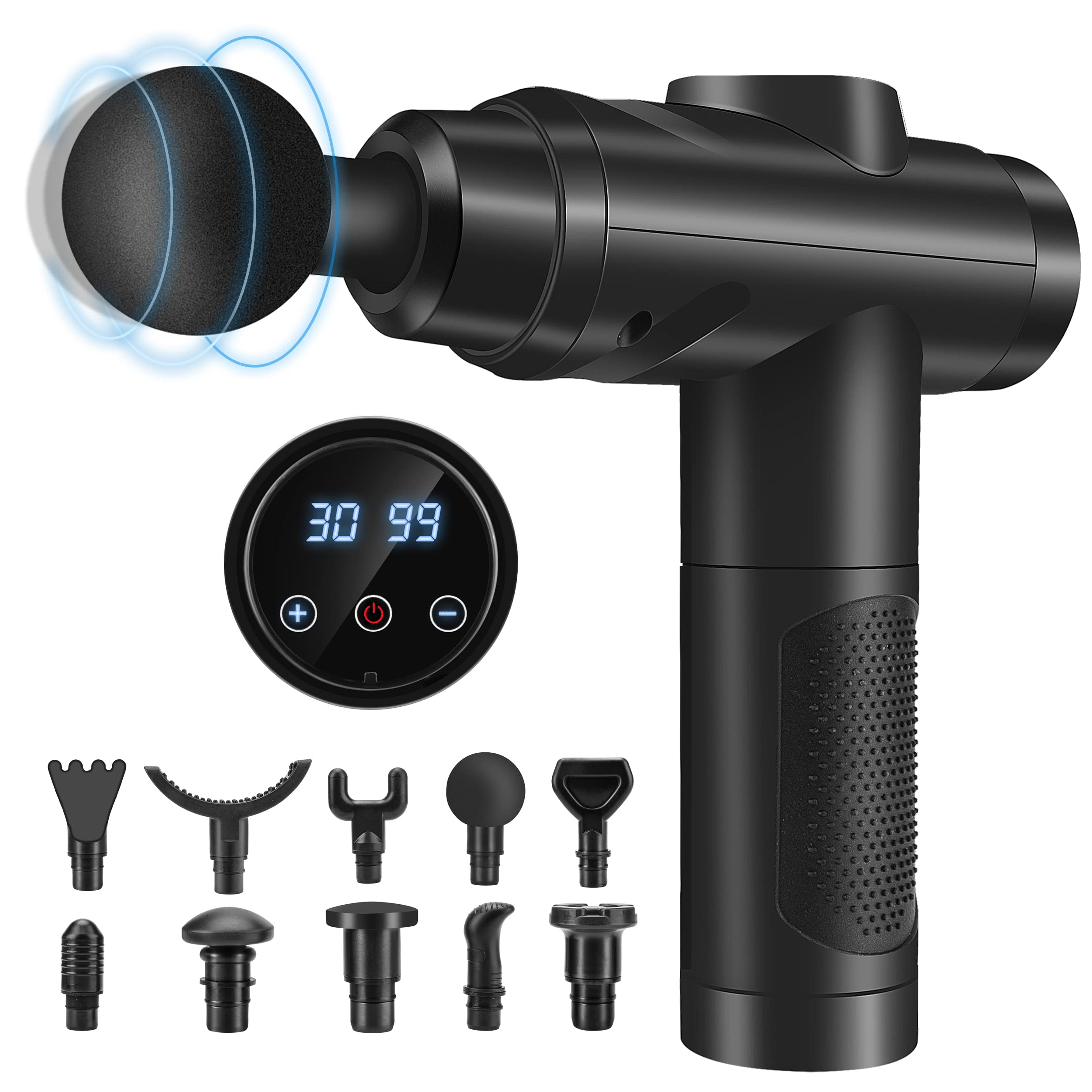 Massage Gun Deep Tissue, Muscle Percussion Massager with 30 Speeds Quiet Hand Massagers with LCD Touch Screen 10 Heads for Shoulder Body Back Relaxation (Black) (Black)
