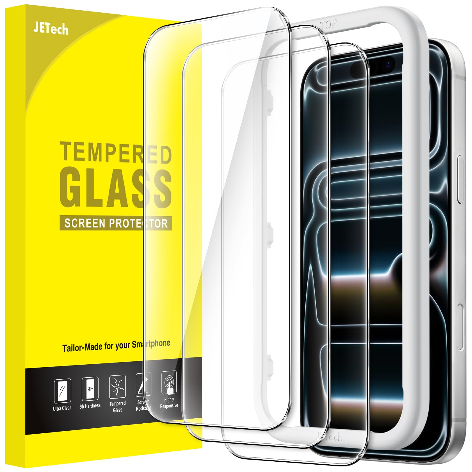 JETech Screen Protector for iPhone, Tempered Glass Film with Easy Installation Tool, Case-Friendly, HD Clear, 3-Pack