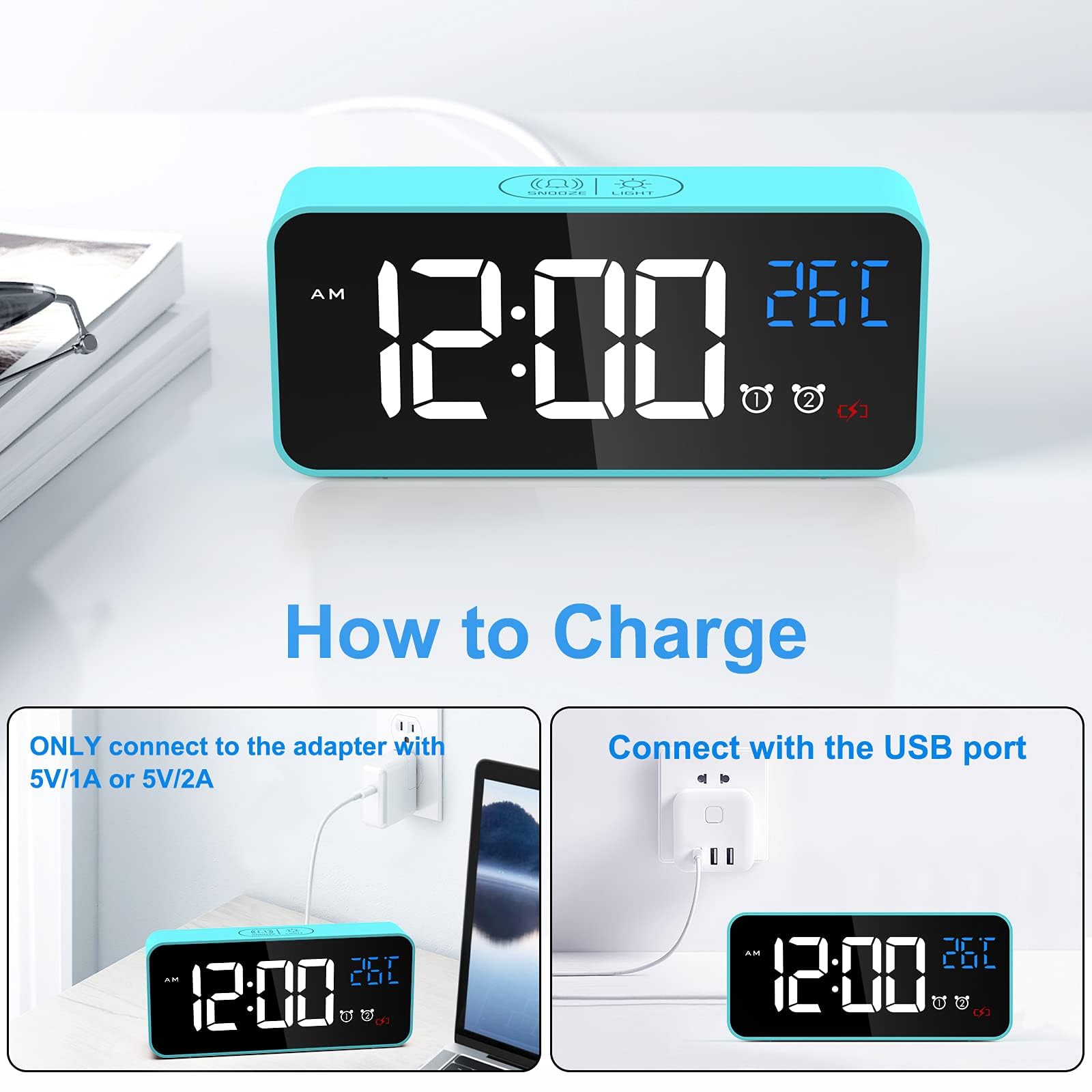 CHEREEKI Alarm Clock, Digital Clock with Temperature Display, Snooze, USB Powered Rechargeable Clock with Dual Alarms for Bedroom, Bedside, Office& Travel