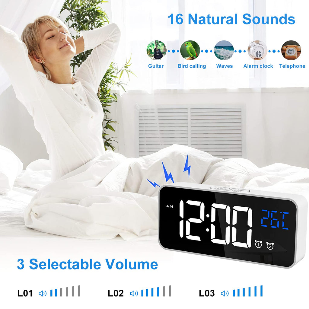 CHEREEKI Alarm Clock, Digital Clock with Temperature Display, Snooze, USB Powered Rechargeable Clock with Dual Alarms for Bedroom, Bedside, Office& Travel