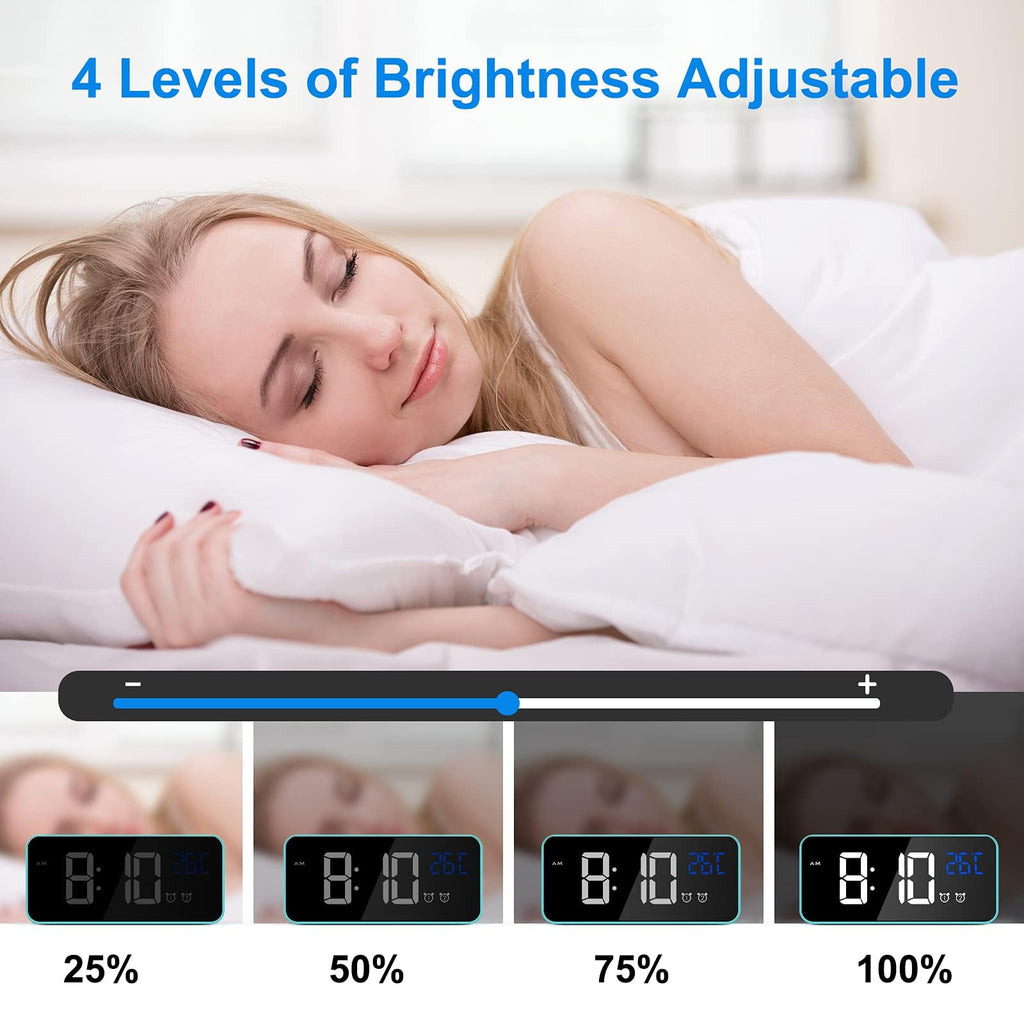 CHEREEKI Alarm Clock, Digital Clock with Temperature Display, Snooze, USB Powered Rechargeable Clock with Dual Alarms for Bedroom, Bedside, Office& Travel