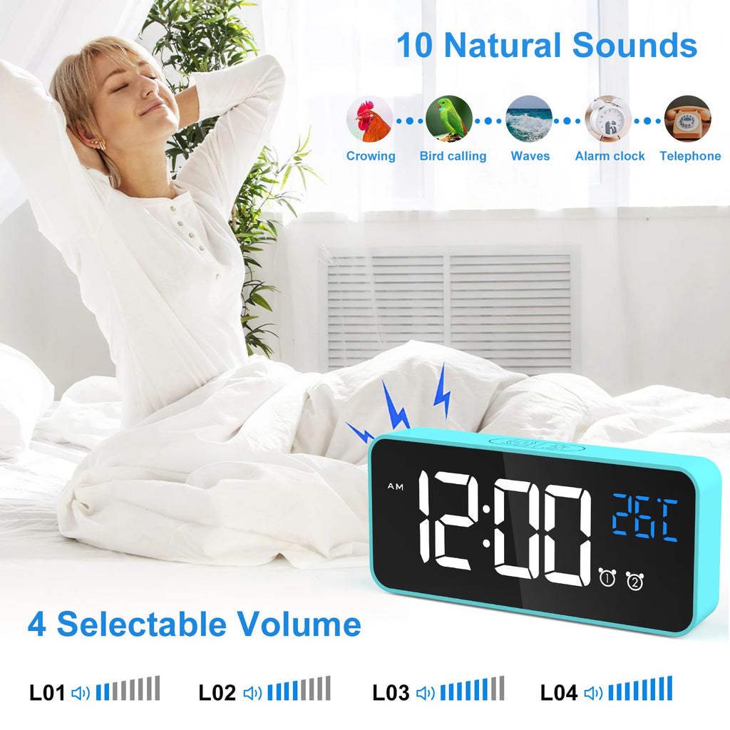 CHEREEKI Alarm Clock, Digital Clock with Temperature Display, Snooze, USB Powered Rechargeable Clock with Dual Alarms for Bedroom, Bedside, Office& Travel