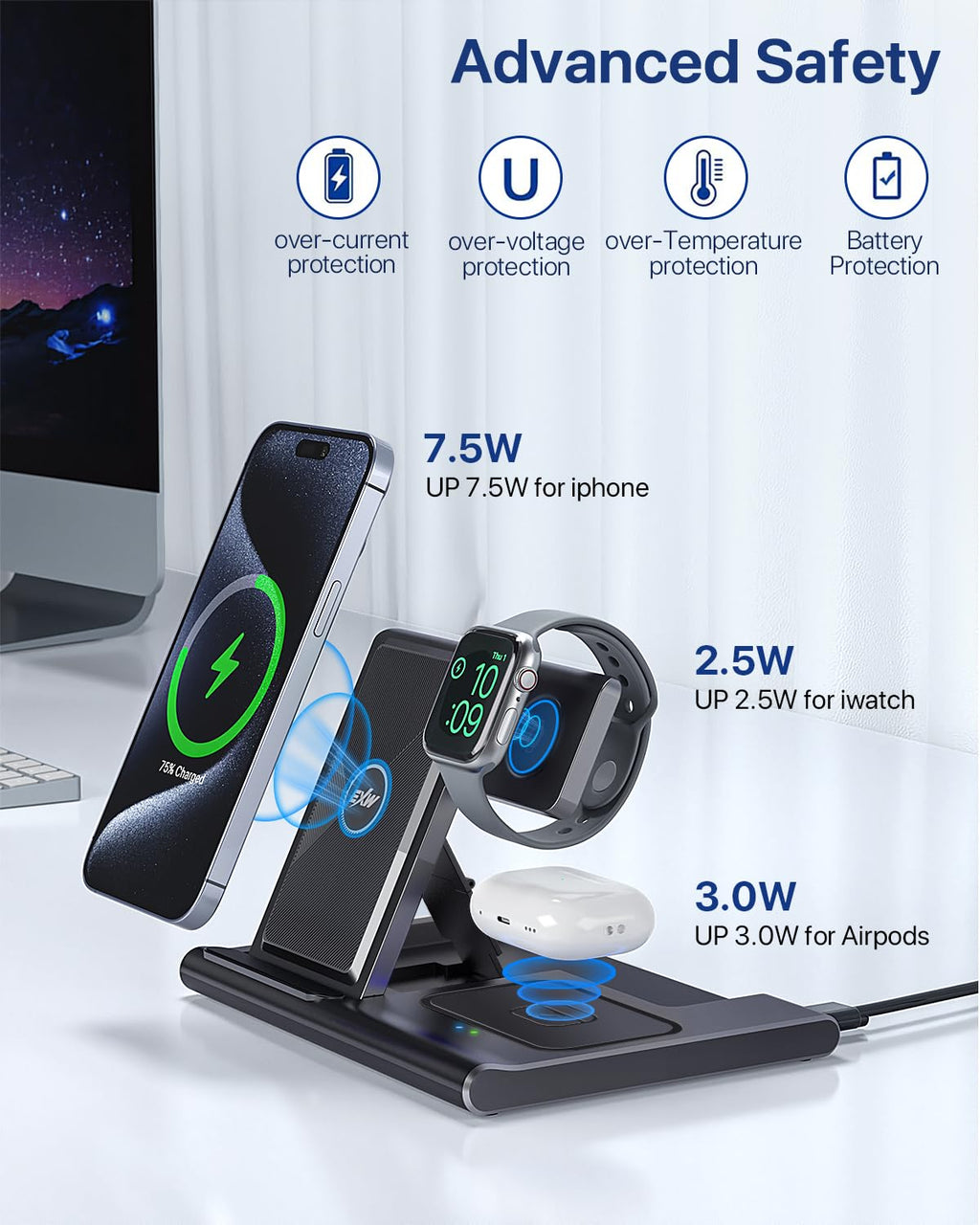 Charging Station,EXW 3 in 1 Wireless Charging Station for iPhone 17/16/15/14/13/12/11/XR/X/8,Fast Wireless Charging Stand for Airpods Pro/3/2 and Apple Watch（No Plug Included)