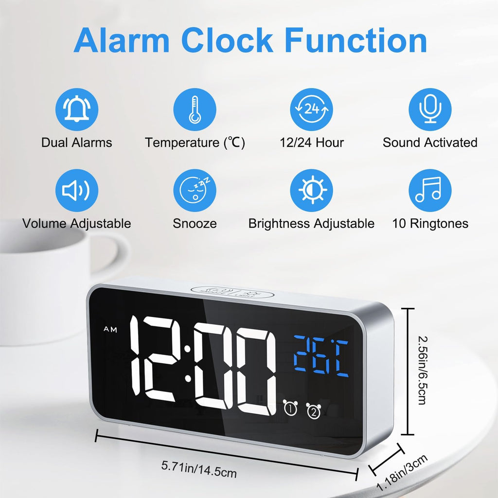 CHEREEKI Alarm Clock, Digital Clock with Temperature Display, Snooze, USB Powered Rechargeable Clock with Dual Alarms for Bedroom, Bedside, Office& Travel