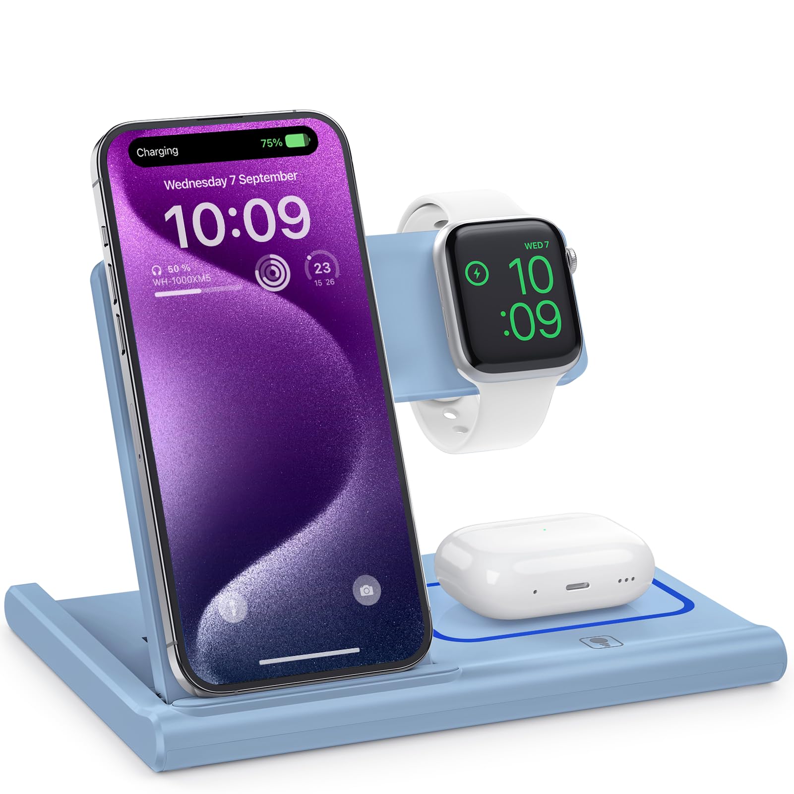 Charging Station,EXW 3 in 1 Wireless Charging Station for iPhone 17/16/15/14/13/12/11/XR/X/8,Fast Wireless Charging Stand for Airpods Pro/3/2 and Apple Watch（No Plug Included)