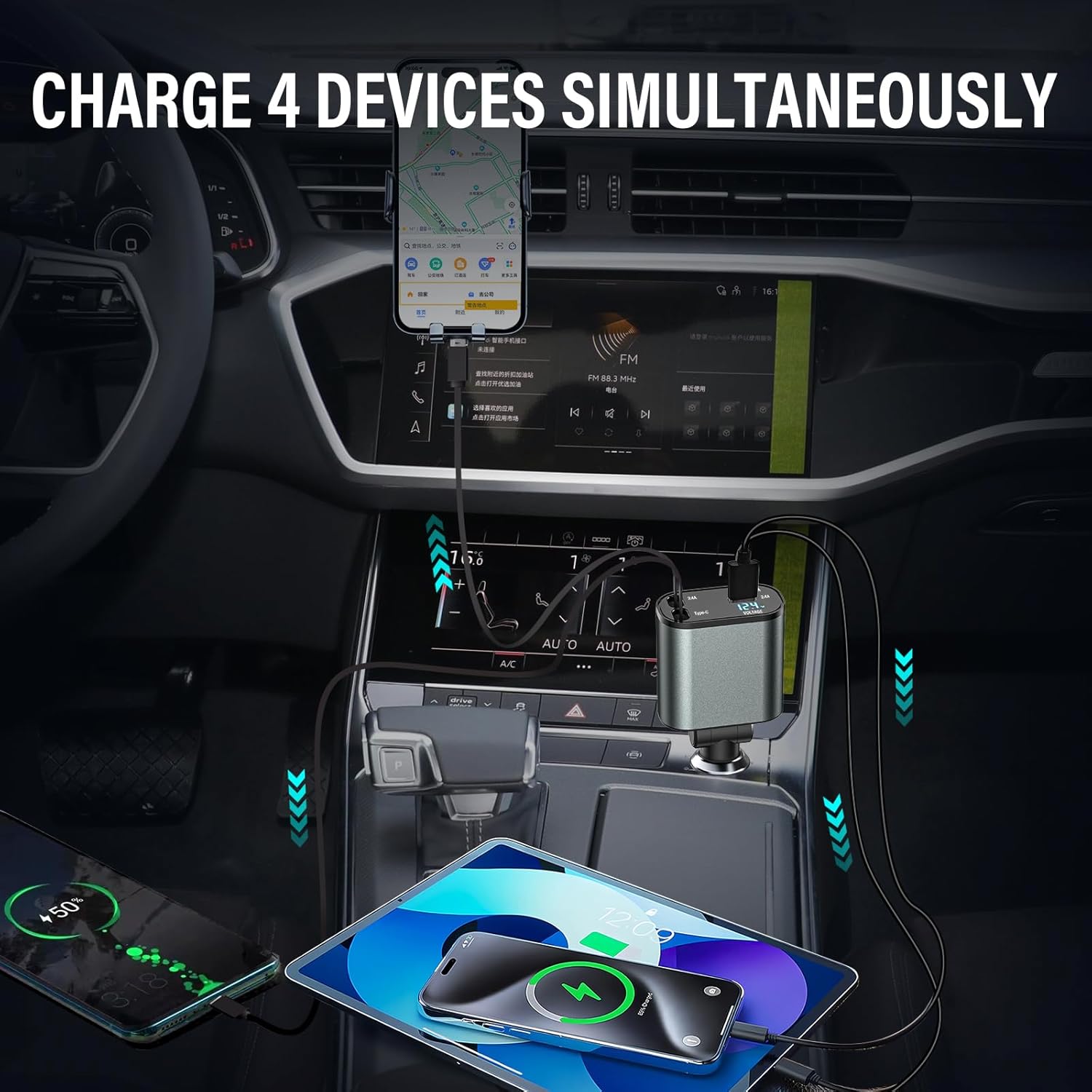 69W Fast Car Charger with Retractable Cables – 4-Port USB-C & Lightning