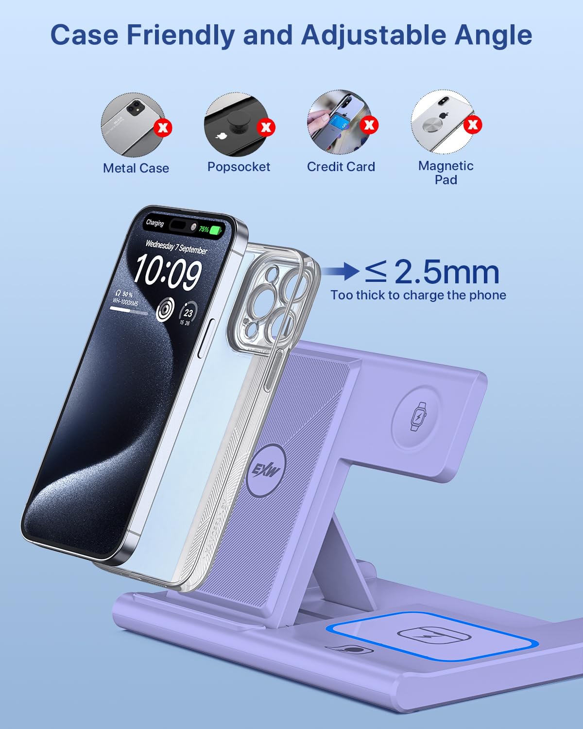 Charging Station,EXW 3 in 1 Wireless Charging Station for iPhone 17/16/15/14/13/12/11/XR/X/8,Fast Wireless Charging Stand for Airpods Pro/3/2 and Apple Watch（No Plug Included)
