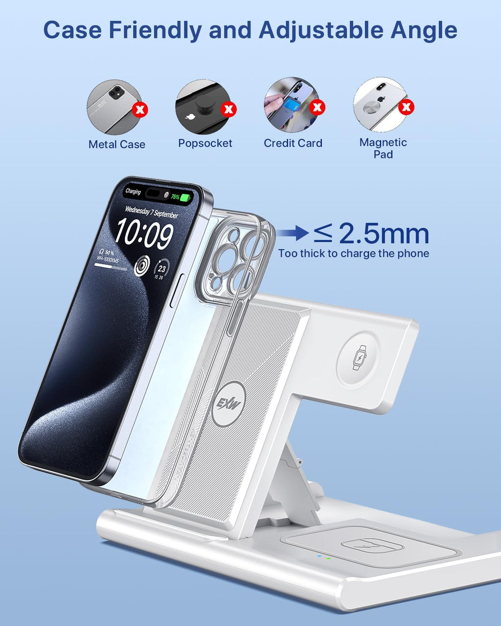 Charging Station,EXW 3 in 1 Wireless Charging Station for iPhone 17/16/15/14/13/12/11/XR/X/8,Fast Wireless Charging Stand for Airpods Pro/3/2 and Apple Watch（No Plug Included)