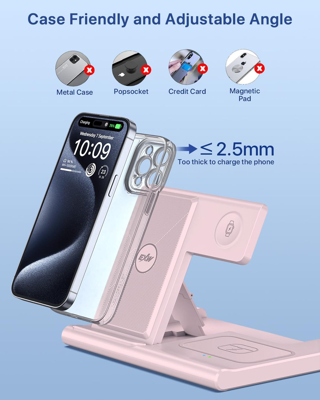 Charging Station,EXW 3 in 1 Wireless Charging Station for iPhone 17/16/15/14/13/12/11/XR/X/8,Fast Wireless Charging Stand for Airpods Pro/3/2 and Apple Watch（No Plug Included)