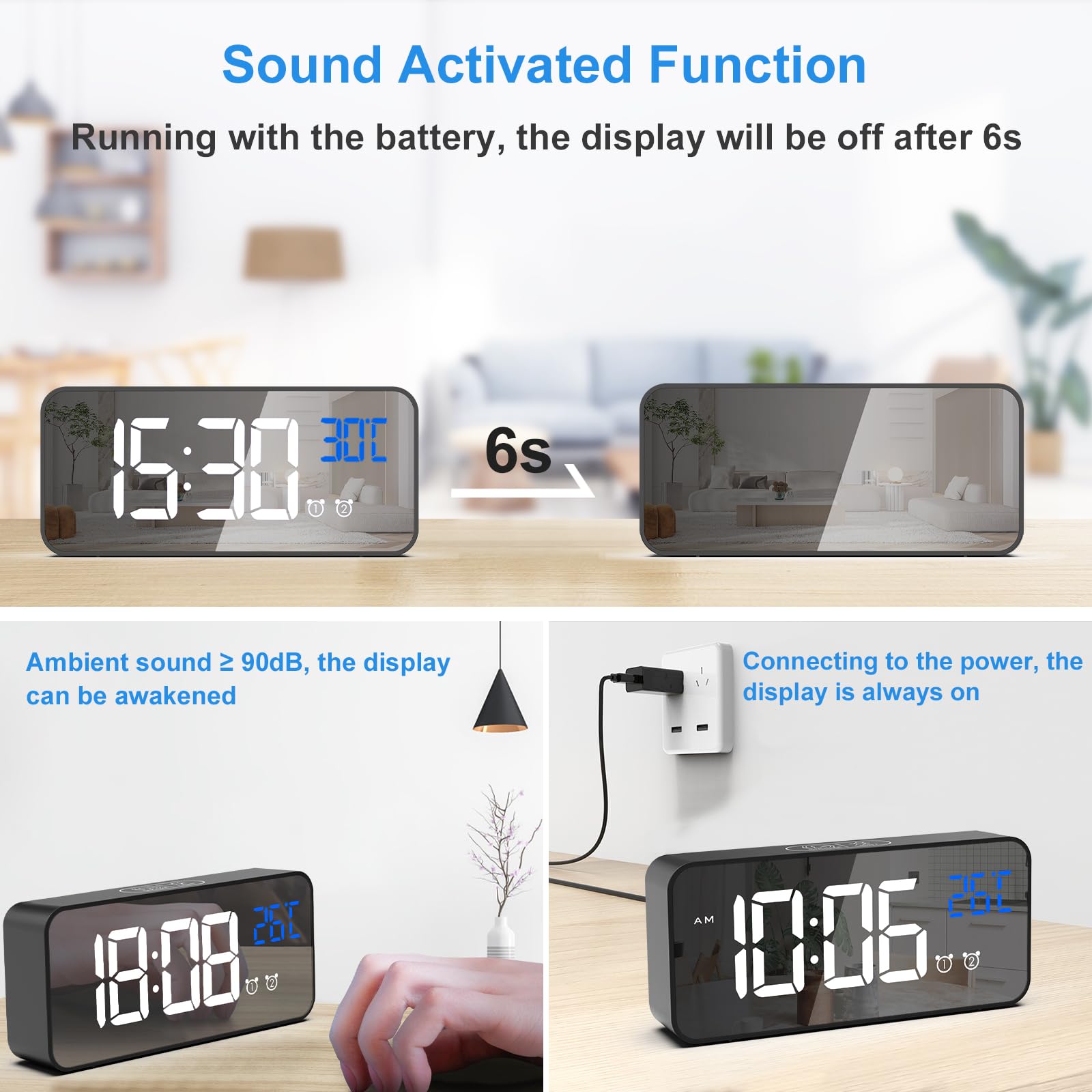 CHEREEKI Alarm Clock, Digital Clock with Temperature Display, Snooze, USB Powered Rechargeable Clock with Dual Alarms for Bedroom, Bedside, Office& Travel