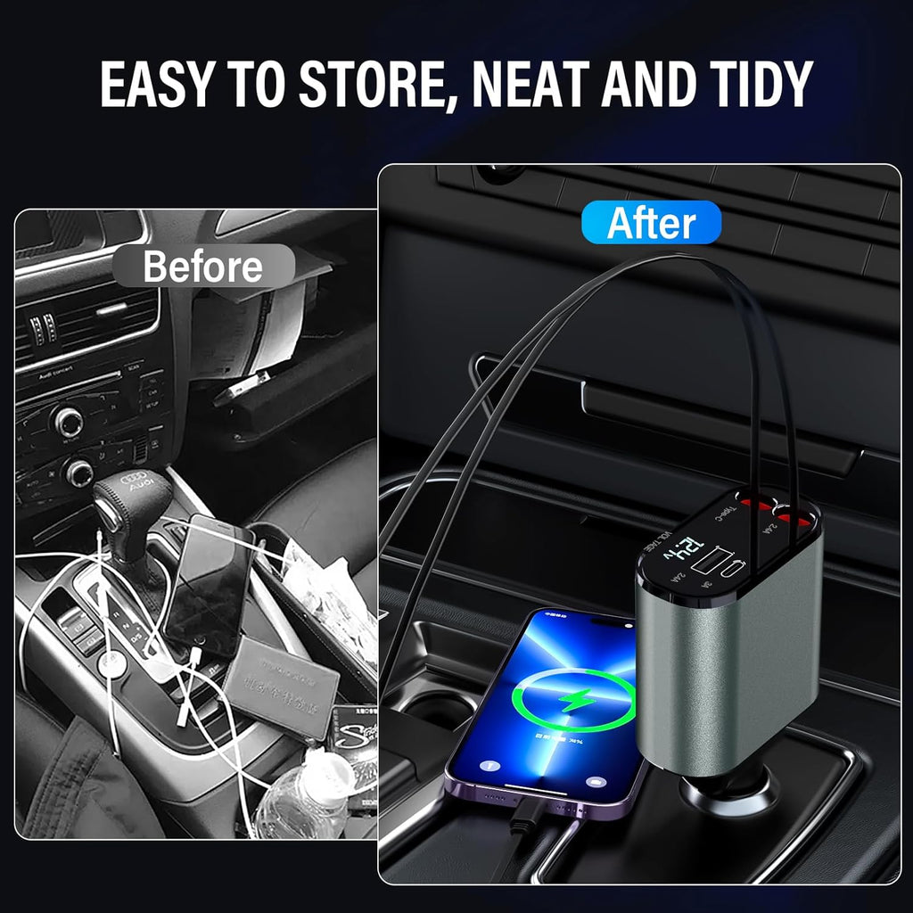 69W Fast Car Charger with Retractable Cables – 4-Port USB-C & Lightning