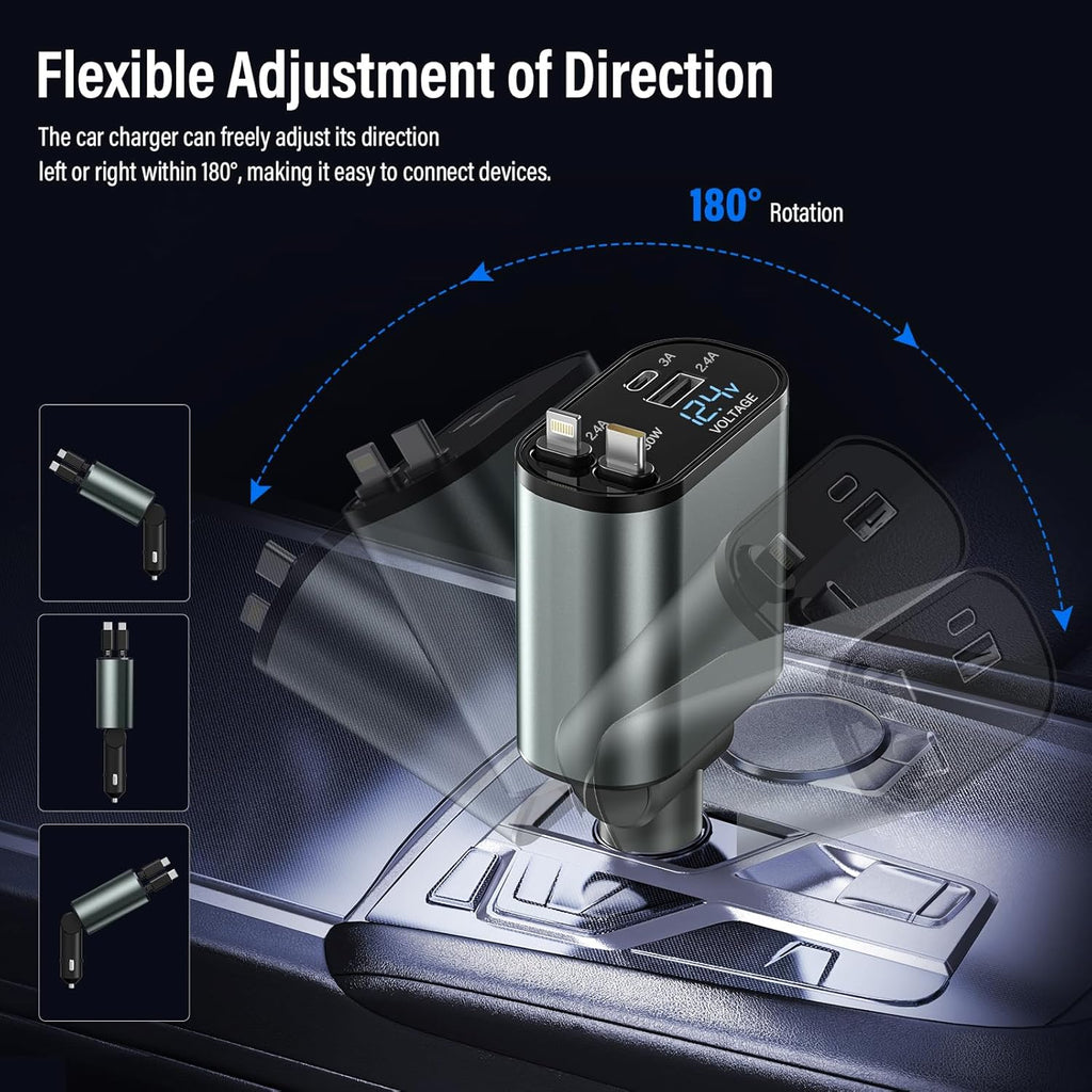69W Fast Car Charger with Retractable Cables – 4-Port USB-C & Lightning