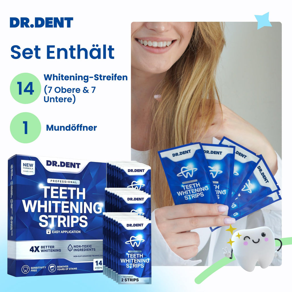 DRDENT Professional Teeth Whitening Strips 21 Treatments - Safe for Enamel - Non Sensitive Teeth Whitening - Whitening Without Any Harm + Mouth Opener Included