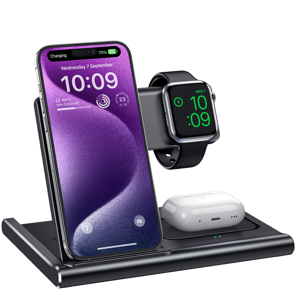 Charging Station,EXW 3 in 1 Wireless Charging Station for iPhone 17/16/15/14/13/12/11/XR/X/8,Fast Wireless Charging Stand for Airpods Pro/3/2 and Apple Watch（No Plug Included)