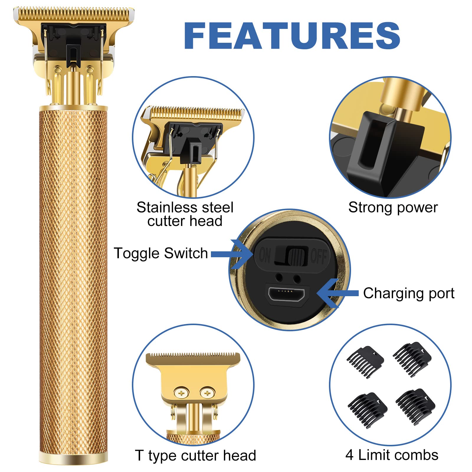 Hair Clippers for Men, Rechargeable Beard Trimmer with 4 Limit Combs, Grooming Kit for Barbers Haircut, USB Type-C Charging, Professional Shaver