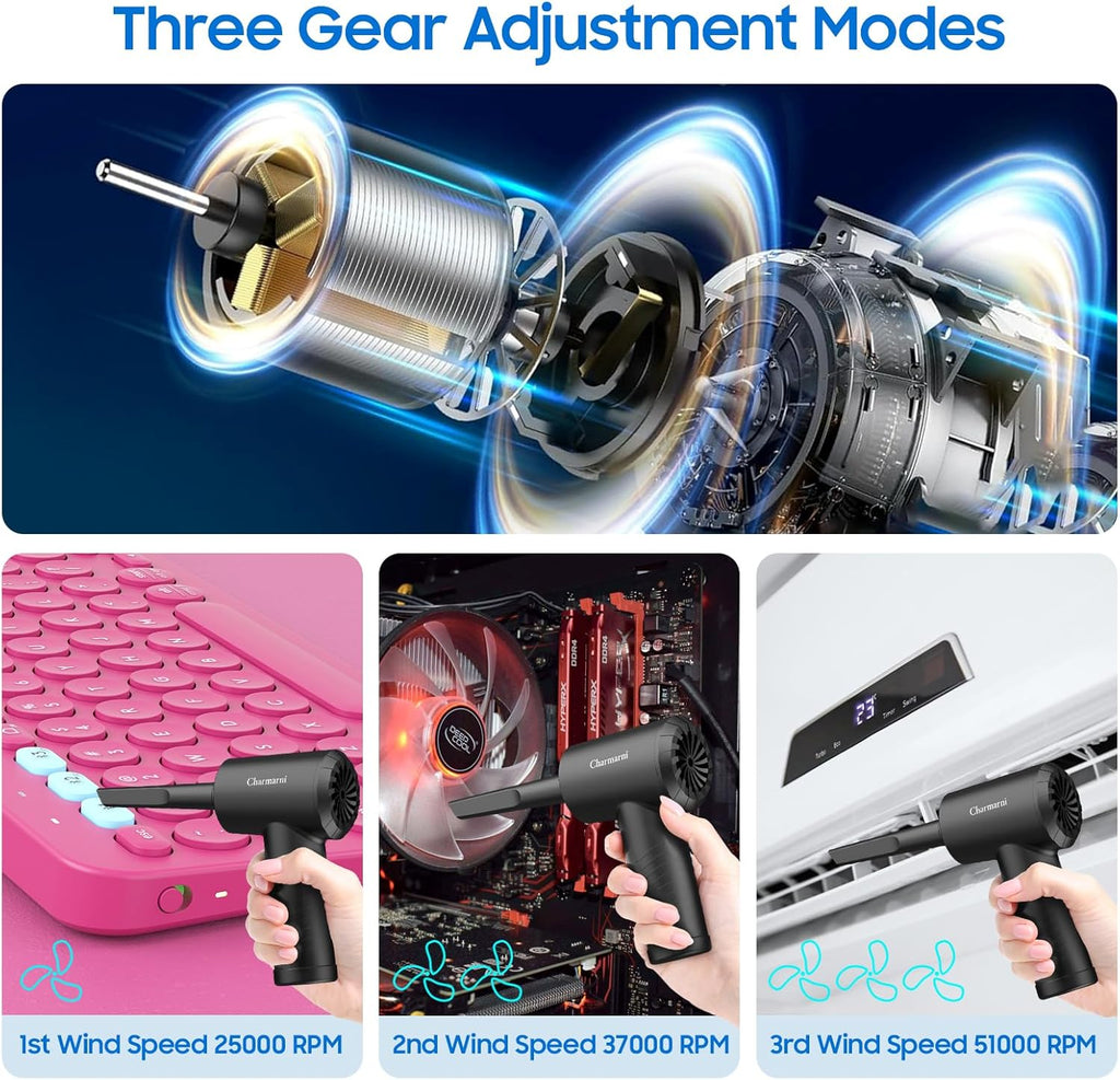 Electric Air Duster, 3 Gear Adjustable 51000RPM With LED Light, Cordless Blower for Laptop, Keyboard, Electronics, Replaces Compressed Air Can