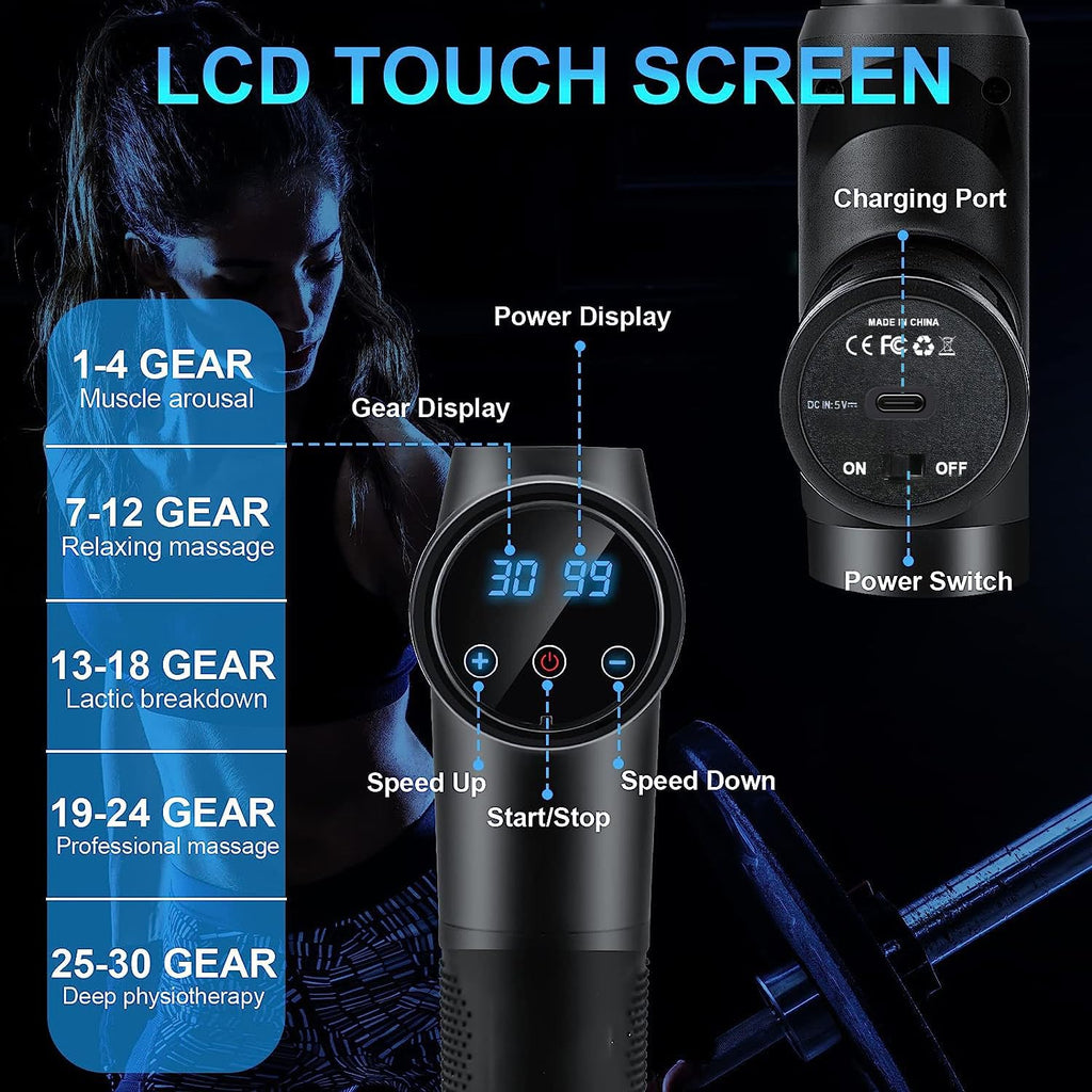 Massage Gun Deep Tissue, Muscle Percussion Massager with 30 Speeds Quiet Hand Massagers with LCD Touch Screen 10 Heads for Shoulder Body Back Relaxation (Black) (Black)