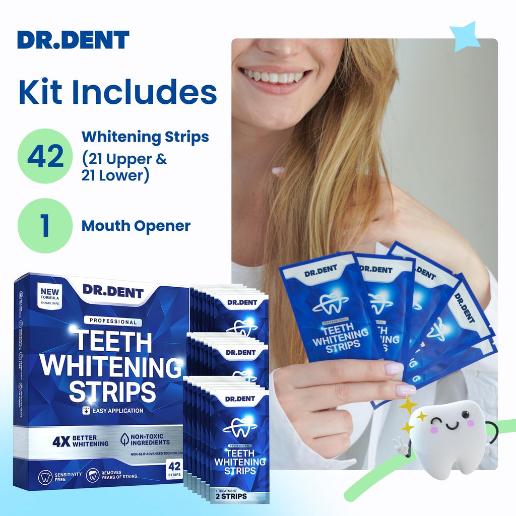 DRDENT Professional Teeth Whitening Strips 21 Treatments - Safe for Enamel - Non Sensitive Teeth Whitening - Whitening Without Any Harm + Mouth Opener Included